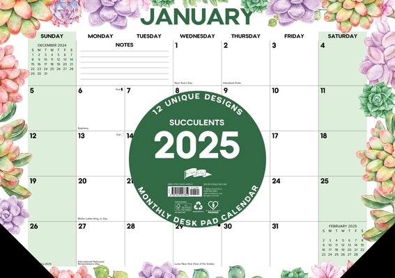 Succulents 2025 17 X 12 Small Monthly Deskpad by Willow Creek Press