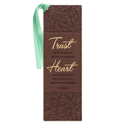Chocolate Brown Faux Leather Bookmark with All Your Heart Proverbs 3:5 Bible Verse Floral Inspirational Bookmark for Women W/Ribbon by Christian Art Gifts