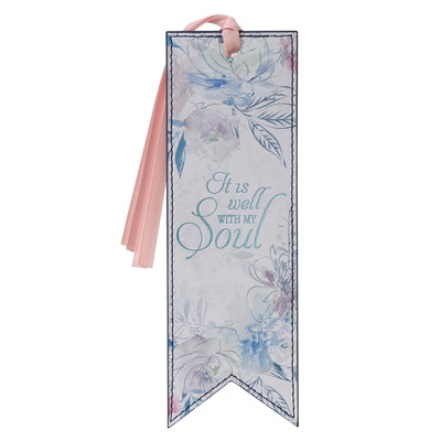 Christian Art Gifts Faux Leather Bookmark, It Is Well with My Soul Hymn, Soft Pink Floral
